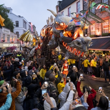 21/07/2023 Repro free: The Galway International Arts Festival brought Dragon, The Forgotten World by Planet Vapeur  to the medieval streets of Galway to the delight and awe of a a very wet Festival audience. The Photo:Andrew Downes, xposure 21/07/20223 repro free: Planète Vapeur’s enormous Dragon makes its way through the streets of Galway as part of Galway International Arts Festival. The Forgotten World directed by Arlo Le Gwern. Galway International Arts Festival runs until 30th July giaf.ie. Photo:Andrew Downes, xposure