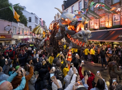 21/07/2023 Repro free: The Galway International Arts Festival brought Dragon, The Forgotten World by Planet Vapeur  to the medieval streets of Galway to the delight and awe of a a very wet Festival audience. The Photo:Andrew Downes, xposure 21/07/20223 repro free: Planète Vapeur’s enormous Dragon makes its way through the streets of Galway as part of Galway International Arts Festival. The Forgotten World directed by Arlo Le Gwern. Galway International Arts Festival runs until 30th July giaf.ie. Photo:Andrew Downes, xposure