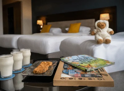 Family-friendly twin room with two plush beds, bedside lamps, teddy, milk, cookies and children’s books on a bedside table, cosy stay
