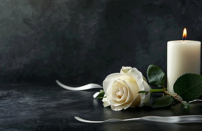 A dimly lit memorial table with white roses, candles, and framed photos, evoking a somber and respectful funeral atmosphere.