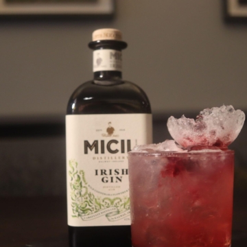 Elegant bar with Irish gin and vibrant cocktail on display, offering a stylish hotel experience.