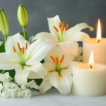 Candle of remembrance and white lilies