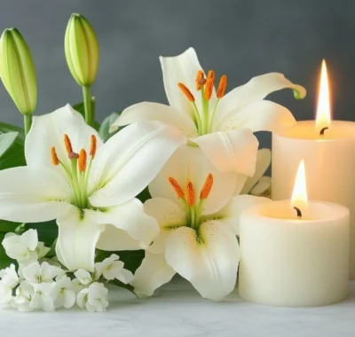 Candle of remembrance and white lilies
